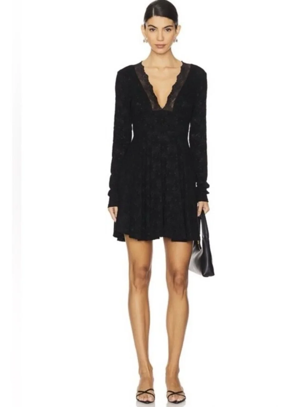 Free People Size M All Yours Mini Dress Black Lace Detail Long Sleeve NWT